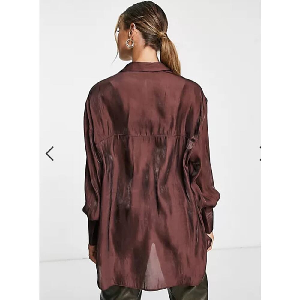 ASOS DESIGN Oversized Metallic Shirt Chocolate Size 4 - Picture 2 of 16